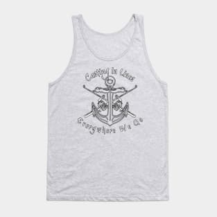 Casting in Lines Everywhere We Go Anchor and Rods Logo Outlined Black on the Back Tank Top